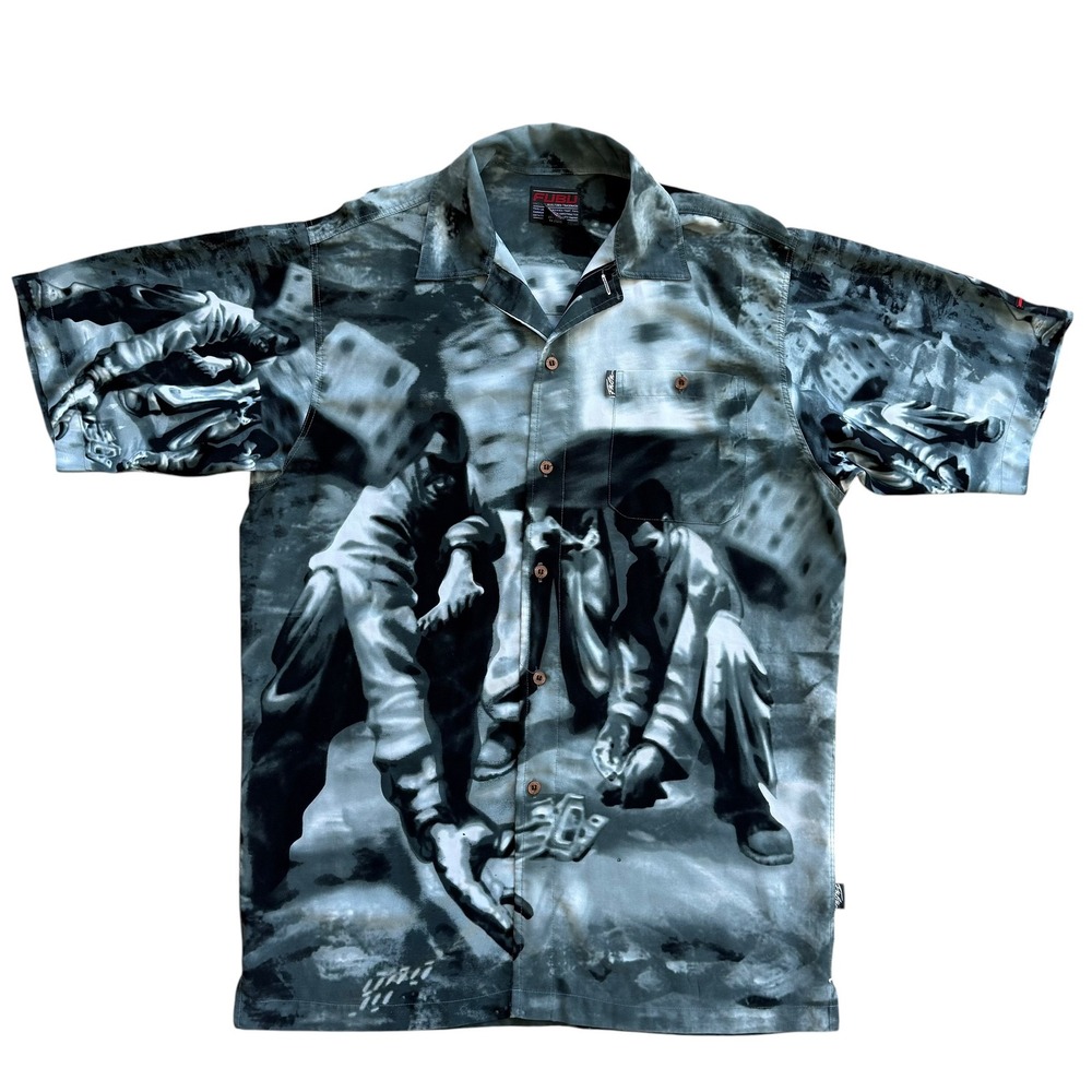 Vintage FUBU Mens Dice Game Graphic Shirt Gray Black Short Sleeve Button Up L